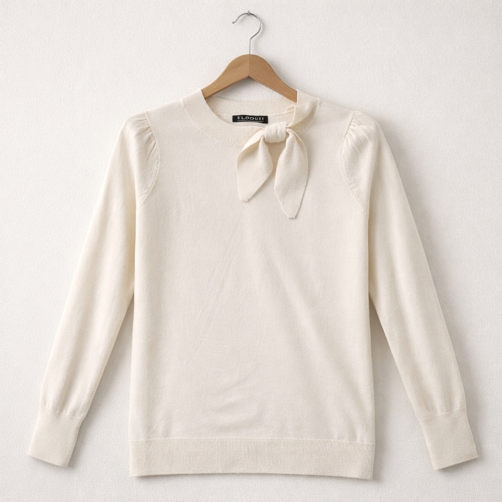 Eloquii Cream Bow Neck Sweater Plus Size 14/16 Puff Sleeve Wool Blend